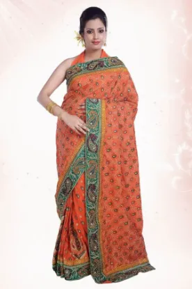 Picture of indian designer red brown zari work bollywood sari raw,
