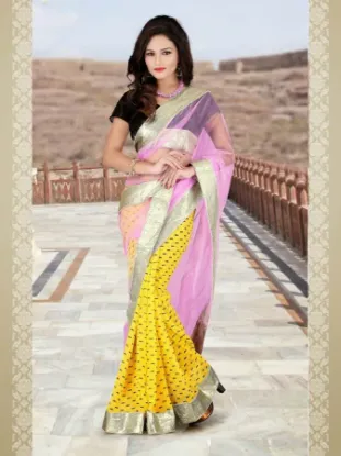 Picture of indian handmade pure silk saree yellow floral printed r
