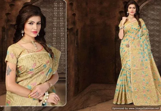 Picture of beige designer art silk saree pakistani festival wear ,