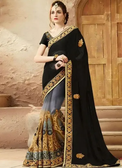 Picture of beige designer poly cotton sari traditional indian wome