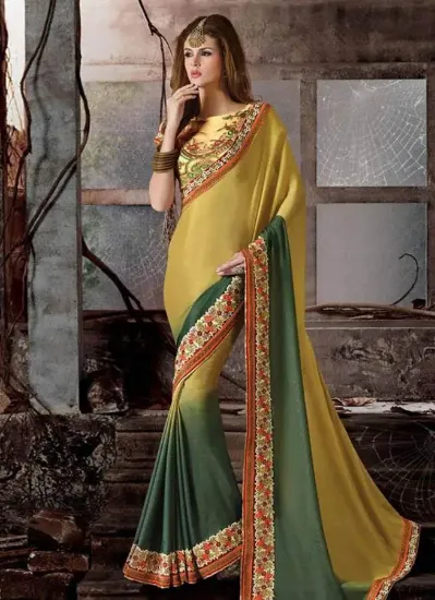 Picture of beige jacquard border bollywood designer sari banarasi 