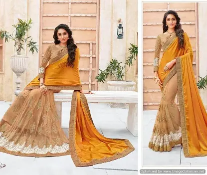 Picture of beige pakistani bollywood art silk saree wedding wear ,