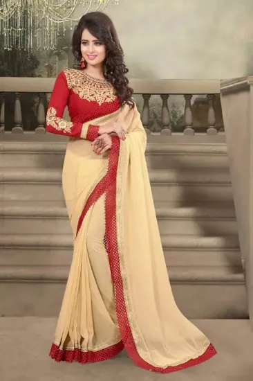 Picture of bemberg crush party wear sari bollywood pink cream des,