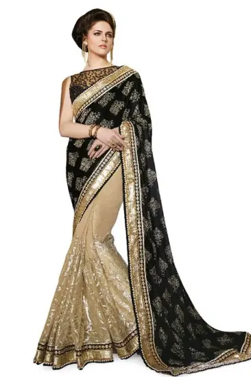 Picture of black traditional mulmul cotton saree lotus & swan prin