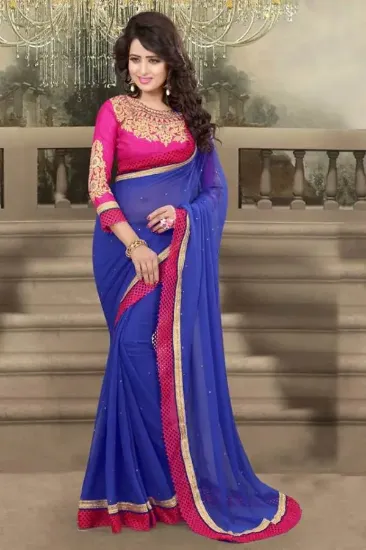 Picture of blue chenderi soft silk saree grand pallu full jari wo,