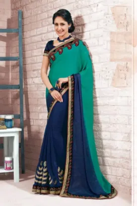 Picture of blue indian wedding bollywood designer cotton saree sa,