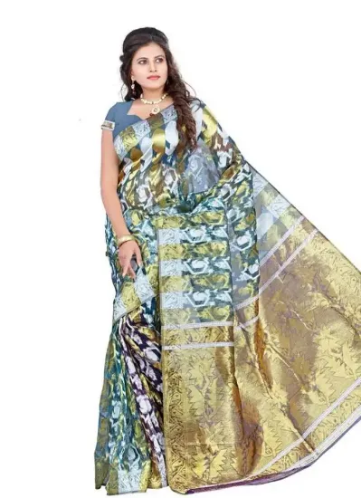 Picture of blue traditional art silk saree pakistani self woven fe