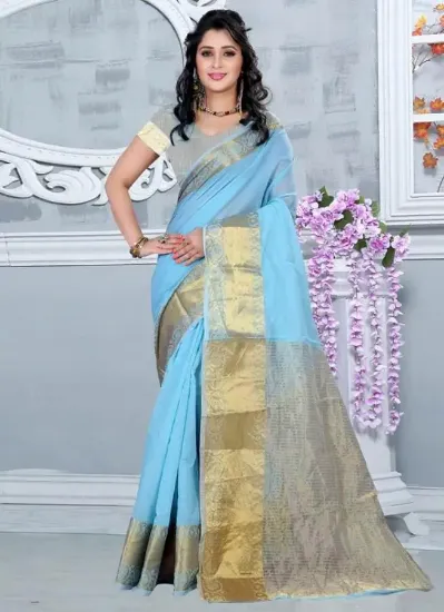 Picture of bollywood indian party wear zari border work sari blue,