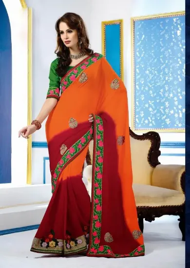 Picture of Bollywood Party Wear Style Zari Border Work Orange Geor