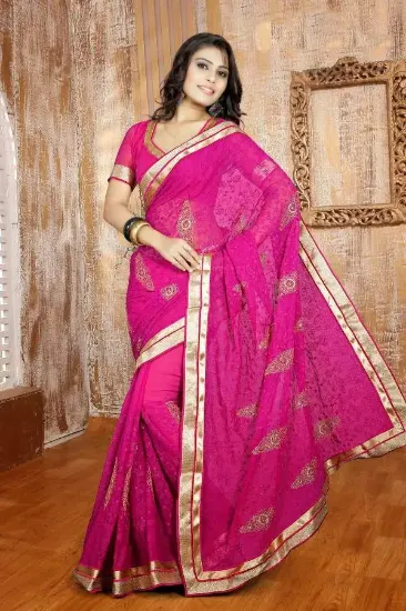 Picture of Bollywood Sari Pink & Cream Indian Ethnic Party Wear We