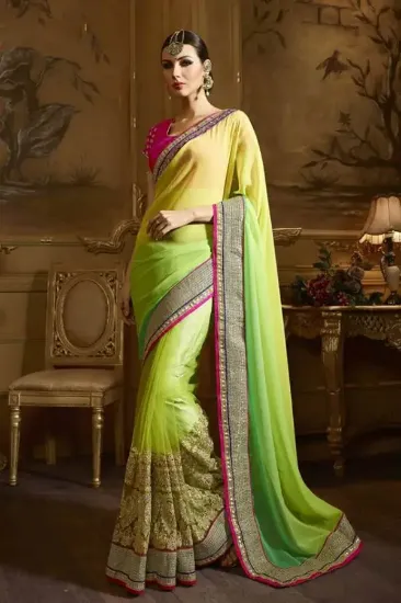 Picture of bollywood style indian sari pink blue border work cott,