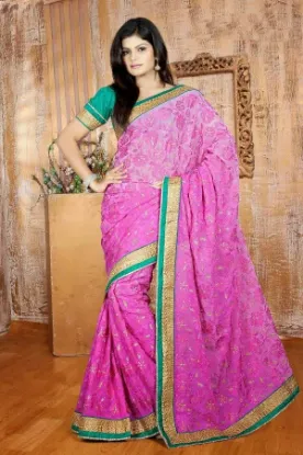 Picture of Bollywood Style Indian Sari Pink Thread Zari Work Cotto