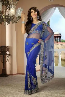 Picture of bridal wedding saree blue velvet saree designer fancy e