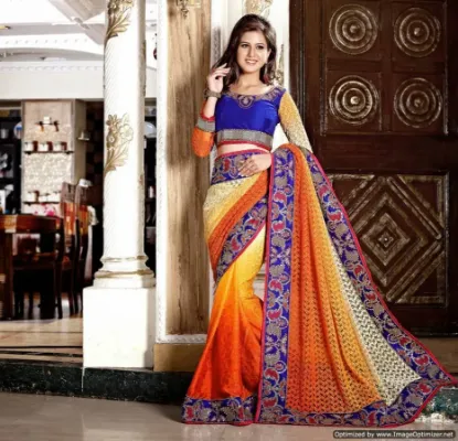 Picture of bright color georgette embroidery work style sari indi,