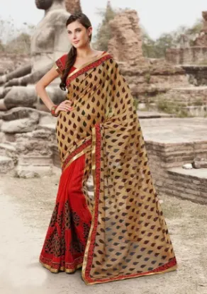 Picture of cream & orange indian banarasi art silk saree wedding ,