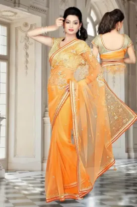 Picture of crepe silk handmade orange saree floral printed ethnic 