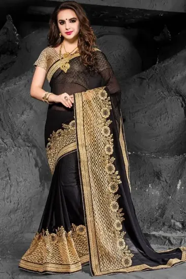 Picture of crepe silk indian saree leafs embroidered handmade oran