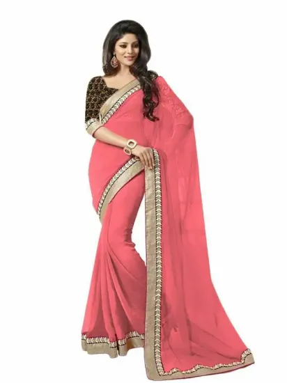 Picture of crepe silk red sari nice printed handmade saree ethnic 