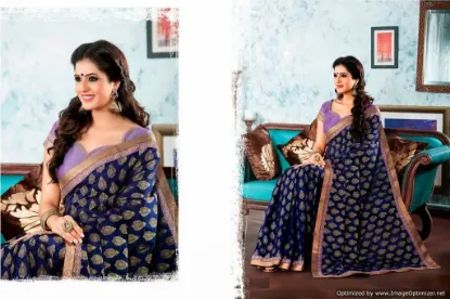 Picture of Dark Blue Women'S Silk Cotton Grand Pallu Full Work Sil