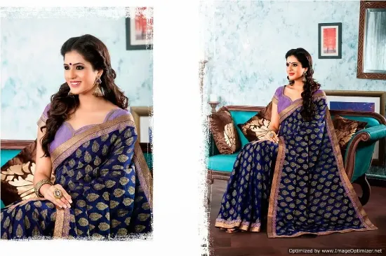 Picture of Dark Blue Women'S Silk Cotton Grand Pallu Full Work Sil