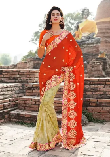 Picture of designer beige sari with blouse women party wear embro,