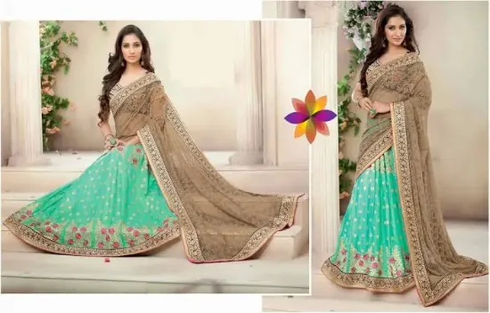 Picture of designer beige sari with blouse women party wear embroi