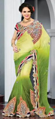 Picture of designer indian sari yellow tussar silk saree with blo,