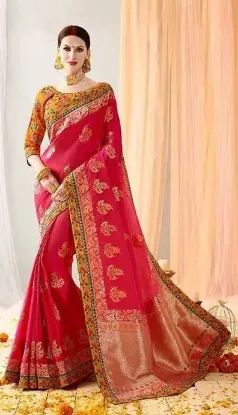 Picture of designer peach embroidered border bollywood sari georg,