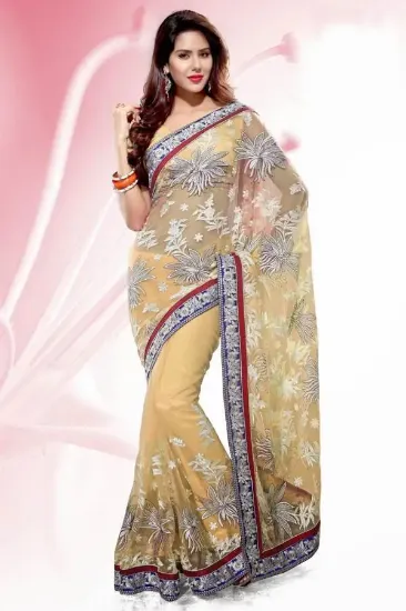 Picture of designer pink peach printed border bollywood sari geor,