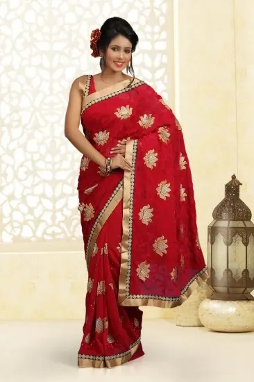 Picture of embroidered border beige designer bollywood sari georg,