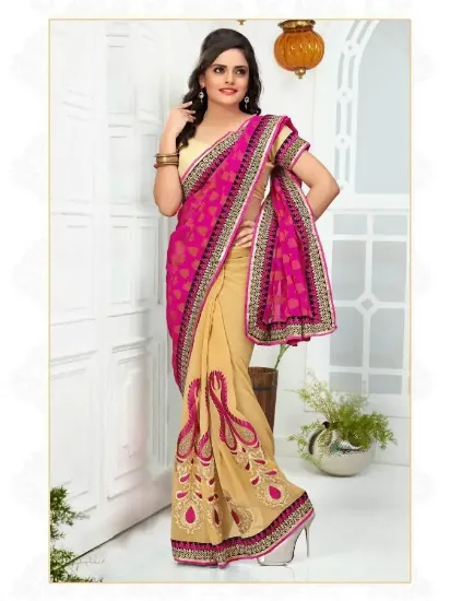 Picture of Embroidered Magenta Georgette Indian Sari Bollywood Des