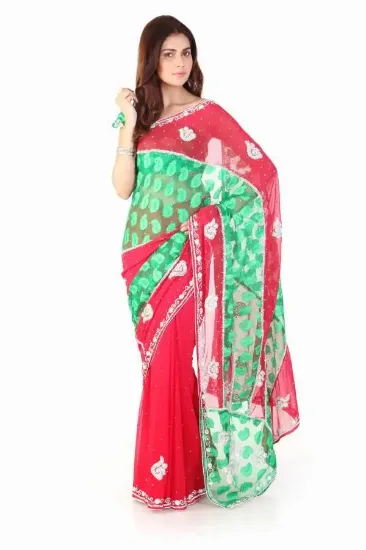 Picture of ethnic handmade geometric printed green pure silk saree