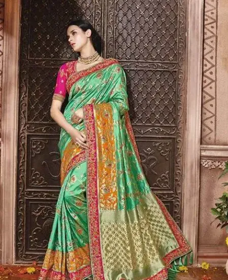 Picture of ethnic handmade geometric printed green pure silk saree