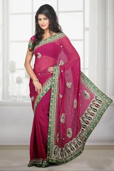 Picture of ethnic handmade indian floral printed crepe silk saree 