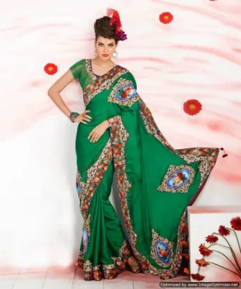 Picture of Ethnic Indian handmade Green Saree Paisley Printed Crep