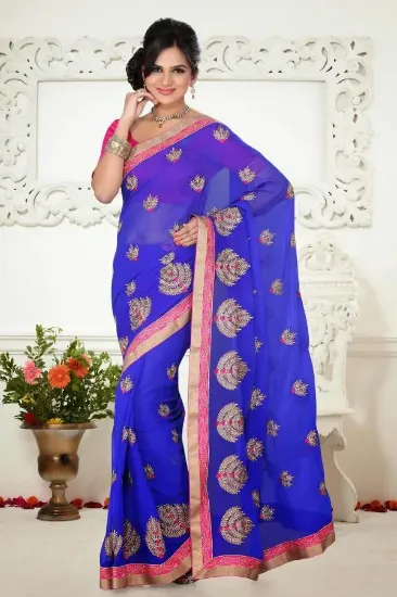 Picture of geometric printed handmade blue saree pure silk craft f