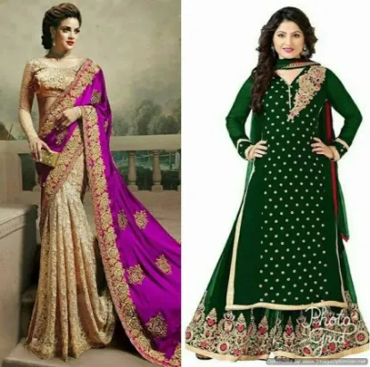 Picture of green indian bollywood designer georgette saree satin ,