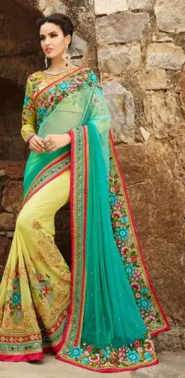 Picture of green indian sari ethnic wear paisley design silk blen,