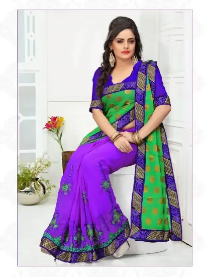 Picture of green silk saree grand pallu full jari stone work modes