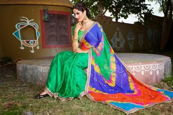 Picture of hand beaded handmade indian saree georgette green craft