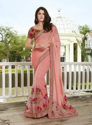 Picture of handmade crepe silk beige saree floral hand beaded indi