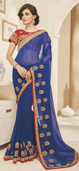 Picture of handmade crepe silk leafs printed saree blue dress maki