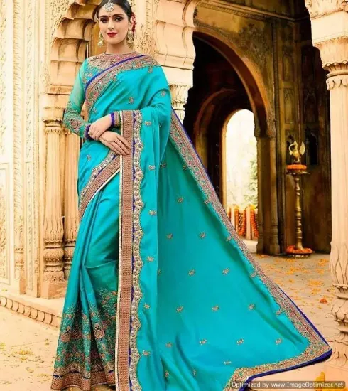 Picture of handmade embroidered sari georgette blend green women d