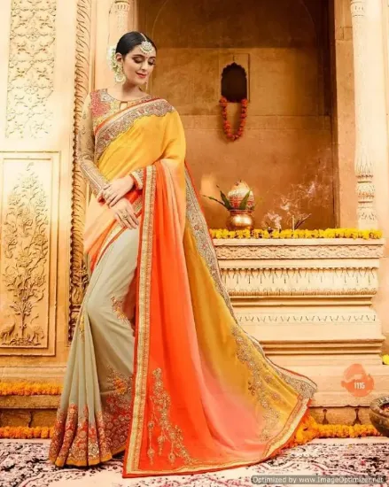 Picture of handmade embroidered sari georgette blend party wear de