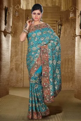 Picture of handmade embroidered sari party wear georgette blend dr