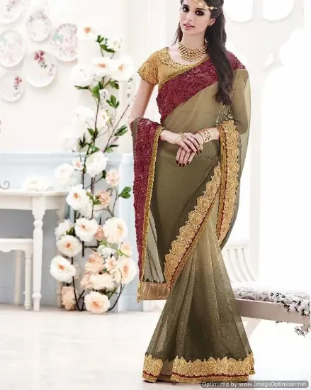 Picture of handmade embroidered sari party wear georgette blend dr