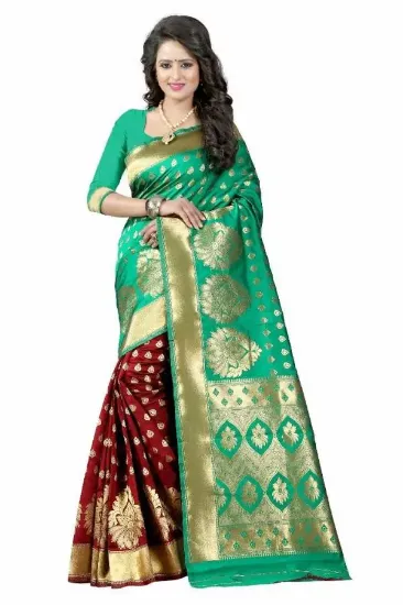 Picture of handmade ethnic floral printed 100% silk saree green in