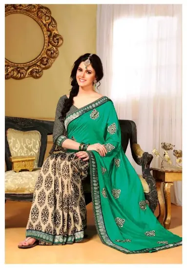 Picture of handmade ethnic floral printed green 100% silk saree ba