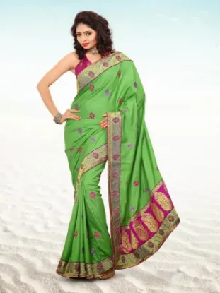 Picture of handmade fashionable sari embroidered green dress silk 