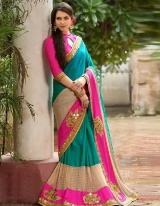 Picture of handmade floral printed green 100% silk saree dress mak